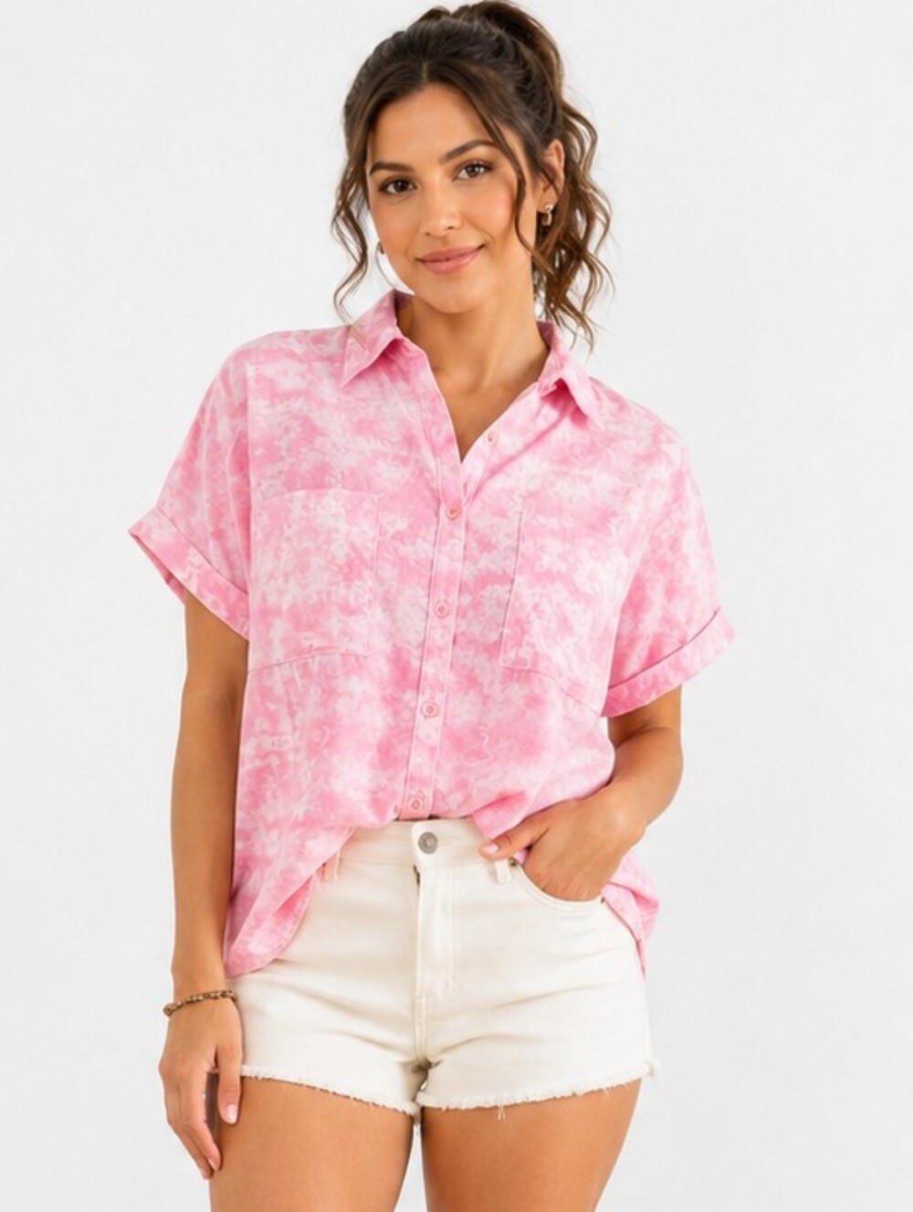 LuLaRoe Amy Pink Watercolor Button Up Blouse Cottagecore Boho XXS